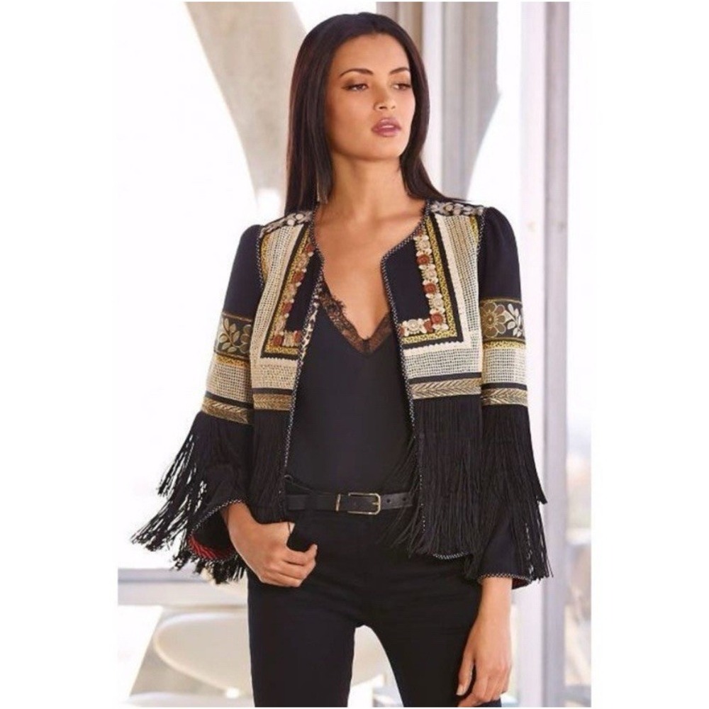 Boston Proper S Fringe Jacket Embroidered Western Boho Blazer Black Open
